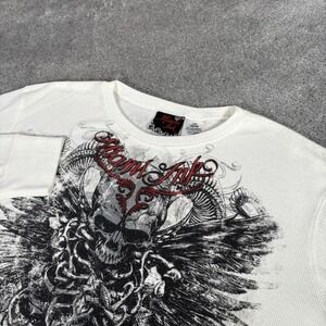 Y2K Miami Ink Shirt Mens L White Thermal Waffle Knit Long Sleeve Skull Tattoo